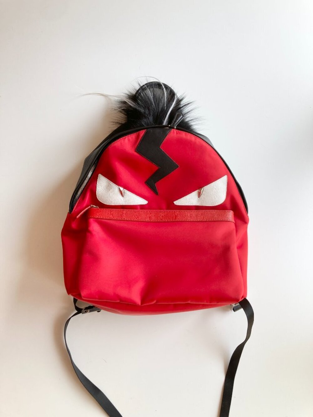 NWD FENDI Red Nylon Satin Black Leather Fox Fur Mohawk Monster Face Backpack